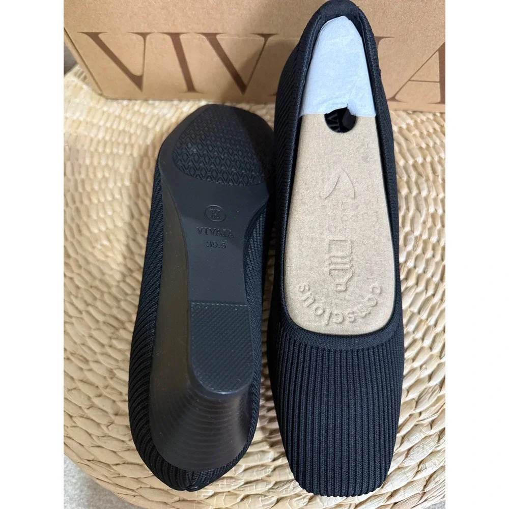 Vivaia Margot Square-Toe Wedge Pumps Black Knit Sustainable Shoes EU/39.5 US/8.5